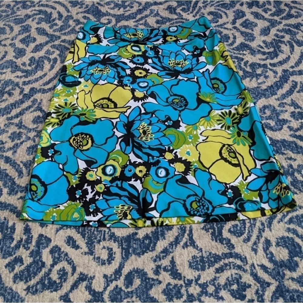 Easy 5th teal yellow white black floral flower skirt size 8 spring summer bright